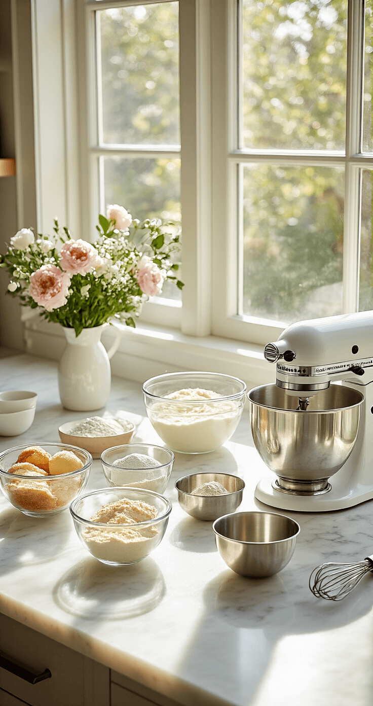 Overhead view of a marble countertop with baking ingredients in glass bowls, metallic mixing tools, a stand mixer, fresh flowers, and cake decorating tools, all bathed in soft natural light.