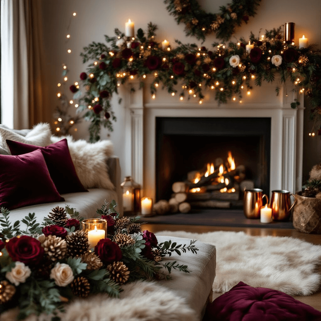 A cozy living room decorated for the holidays, featuring fairy lights, candles, a dried flower garland on the fireplace, velvet pillows, a faux fur rug, and a hot cocoa station with copper mugs.