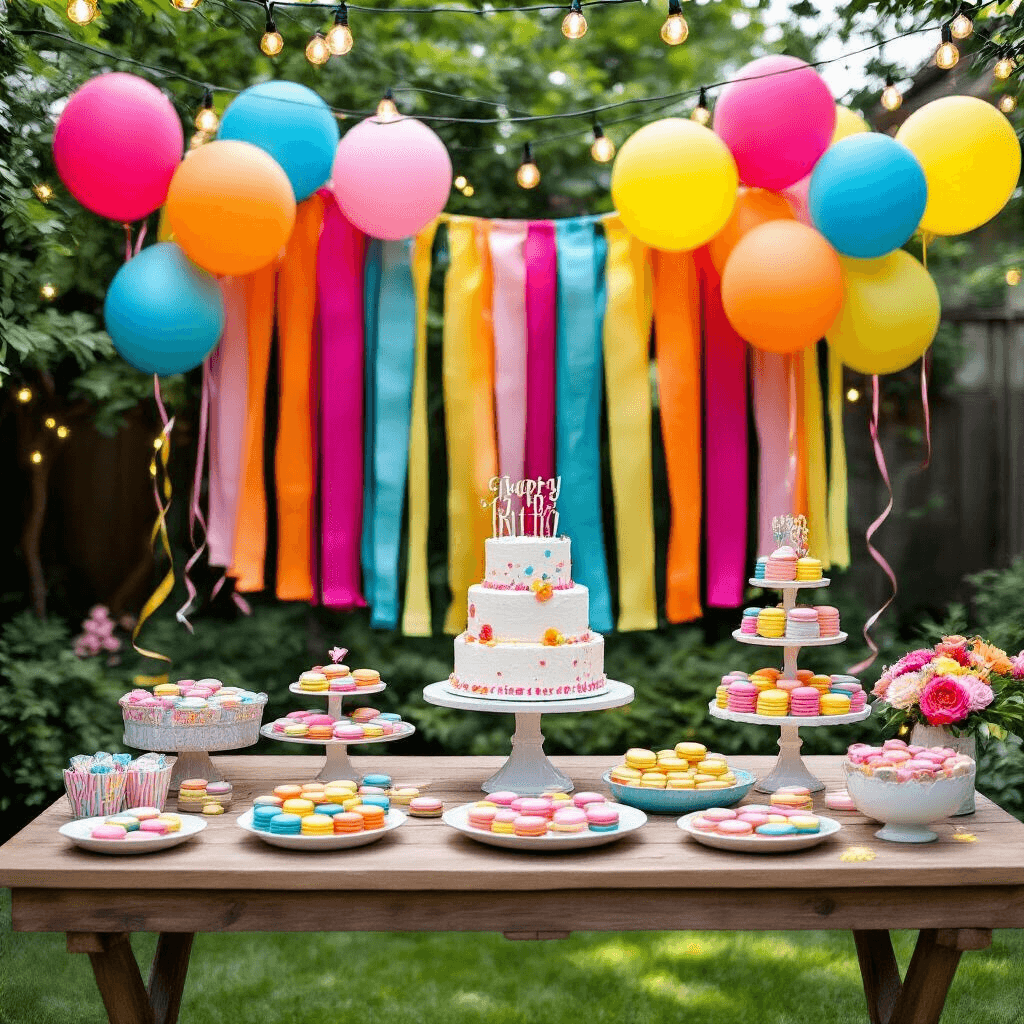A vibrant summer birthday party in a stylish backyard, featuring a colorful fabric strip garland, a dessert table with a tiered cake, macarons, and cookies, complemented by floating balloons and string lights, all set on a lush green lawn.