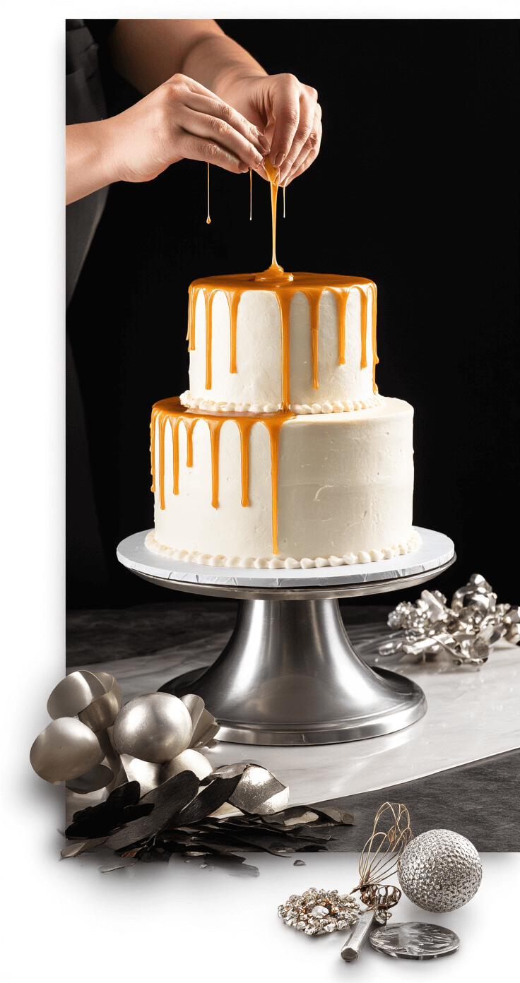 Close-up of hands applying golden caramel drips onto a frosted white wedding cake on a silver turntable, with dramatic side lighting and metallic pastry tools in the foreground.