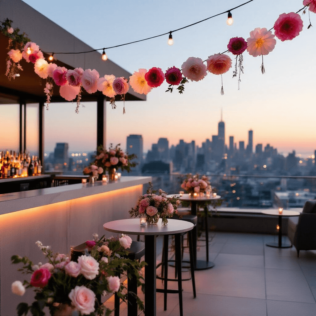 A modern rooftop engagement party at twilight with a minimalist aesthetic, featuring a delicate ombre paper garland in blush shades along the bar, sleek high-top tables with geometric floral arrangements, and a twinkling city skyline illuminated by soft uplighting.