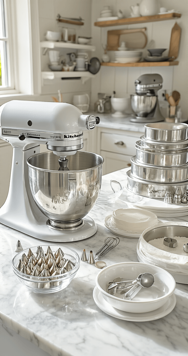 Ultimate Wedding Cake Flavor Guide: Mix, Match, and Delight Your Guests A sunlit professional kitchen with a marble countertop displays wedding cake preparation tools, including a KitchenAid stand mixer, silver cake pans, and various piping tips, with a white cake turntable and neatly arranged measuring tools and ingredients in glass bowls.