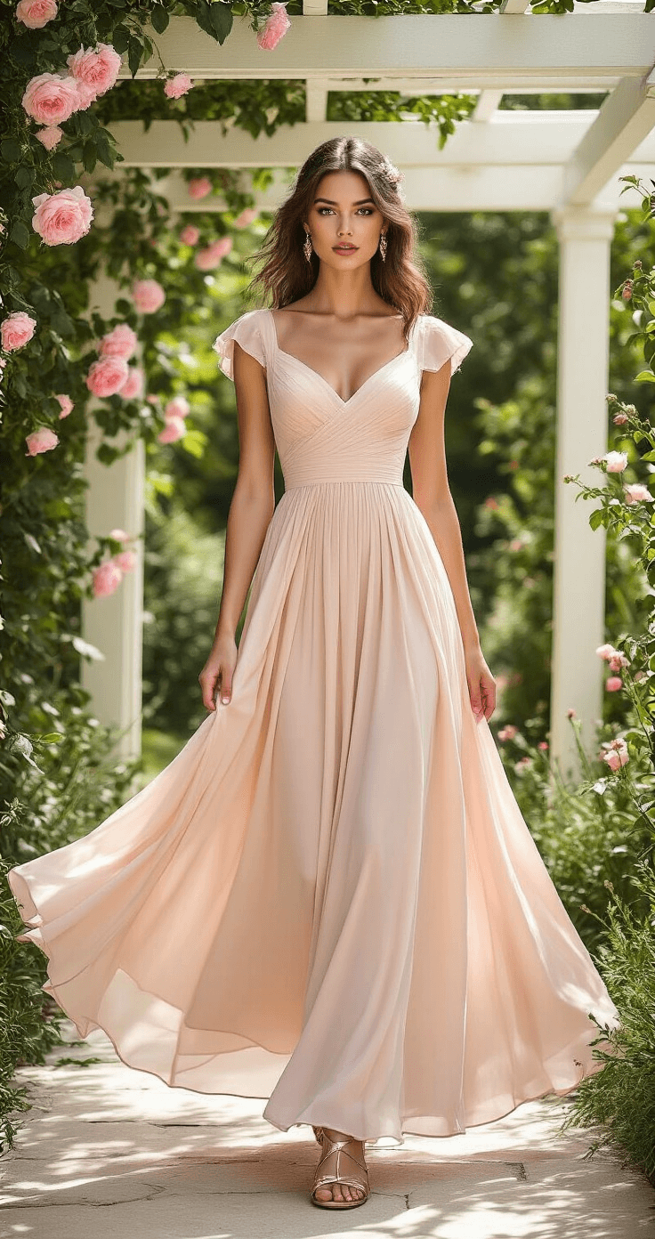 Curvy model in a lightweight blush pink A-line dress with cap sleeves and subtle pleating, styled with rose gold accessories and metallic strappy sandals, poses under a white pergola adorned with climbing roses at a summer outdoor wedding venue.