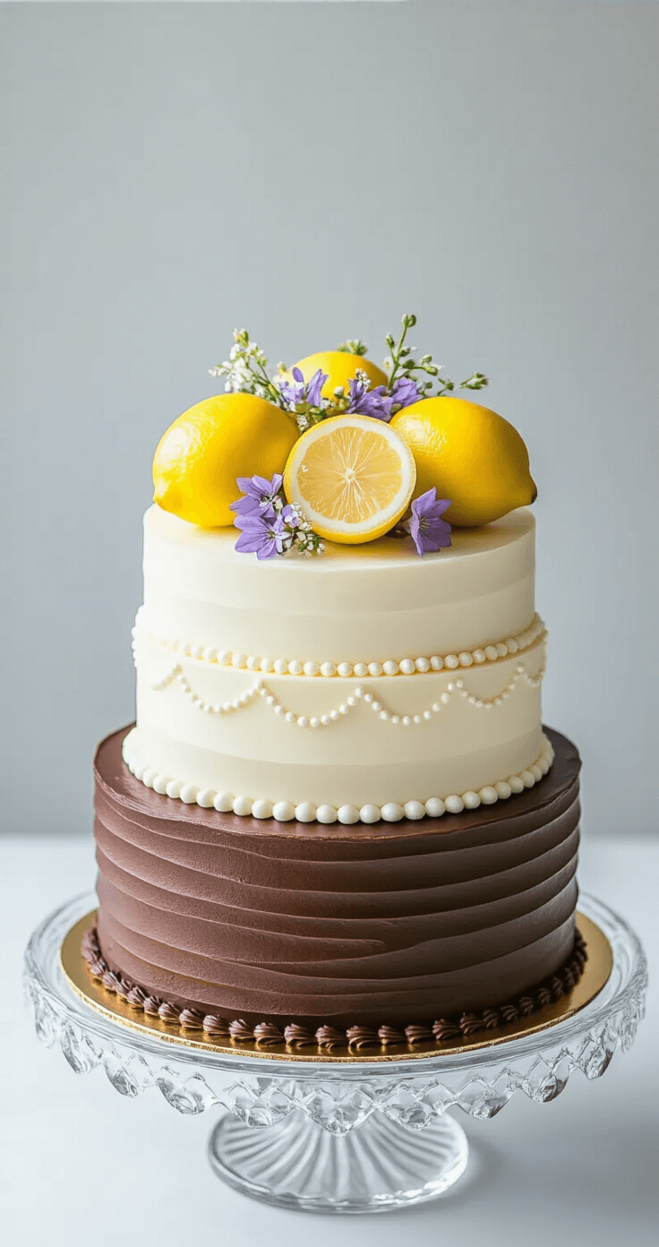Ultimate Wedding Cake Flavor Guide: Mix, Match, and Delight Your Guests Studio-quality overhead shot of three elegant cake tiers on crystal pedestals; bottom tier is vanilla bean with pearl detailing, middle tier is lemon-elderflower with purple flowers, and top tier is chocolate ganache with gold leaf accents, all against a soft grey backdrop with natural lighting highlighting the frosting.