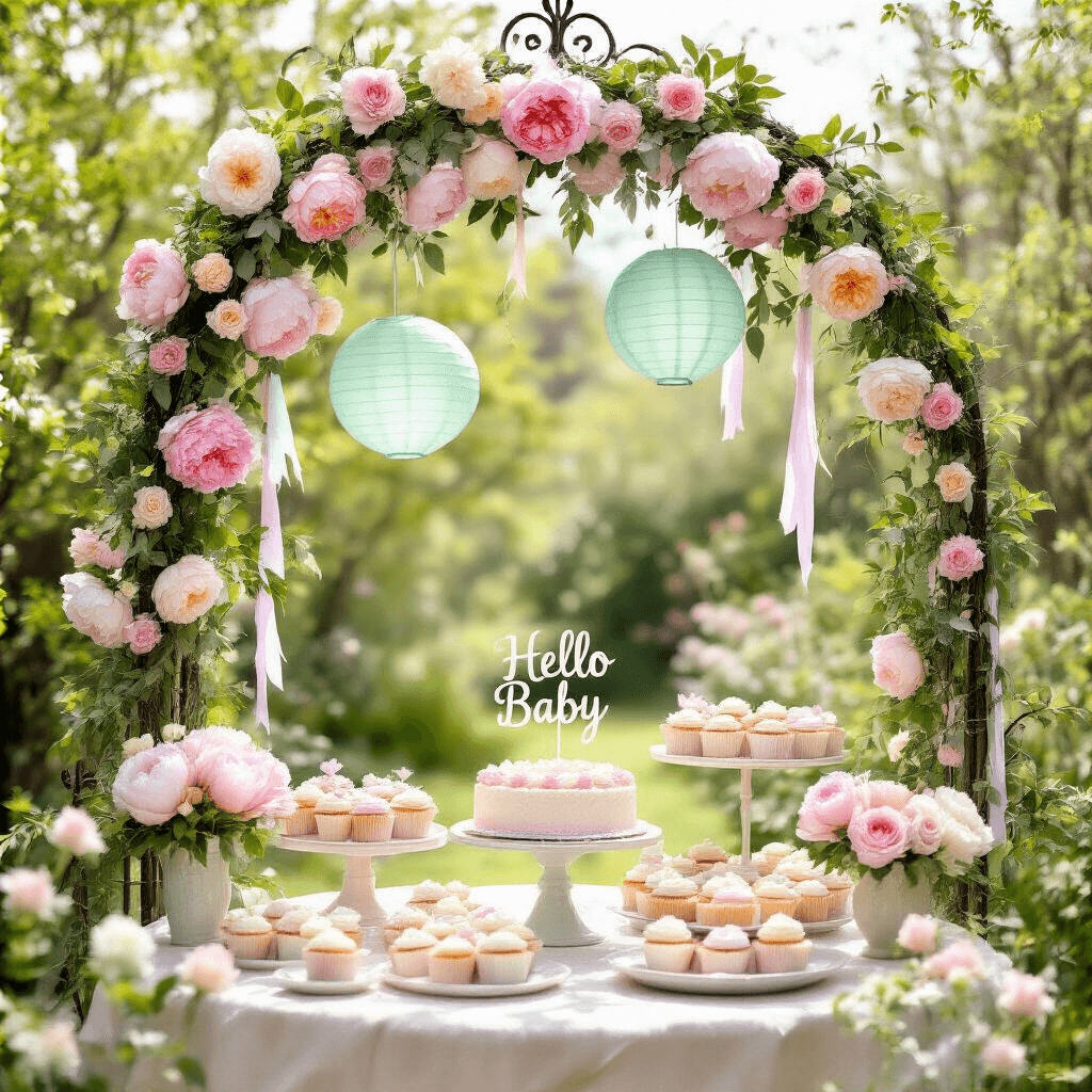 A whimsical spring baby shower in a sun-drenched garden with a floral arch, dessert cart featuring pastel cupcakes and 'Hello Baby' cake, and delicate lanterns and streamers in mint and lavender hues.