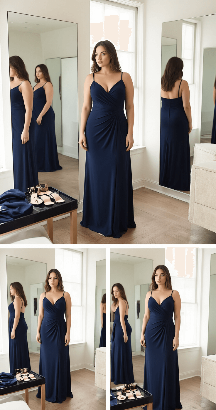 Curvy model trying on a navy blue stretch crepe dress in a boutique fitting room, featuring multiple angles reflected in triple mirrors, showcasing the dress's elegant draping and flattering cut. Natural light illuminates the space, with professionally styled accessories displayed elegantly. Shallow depth of field emphasizes the dress details.
