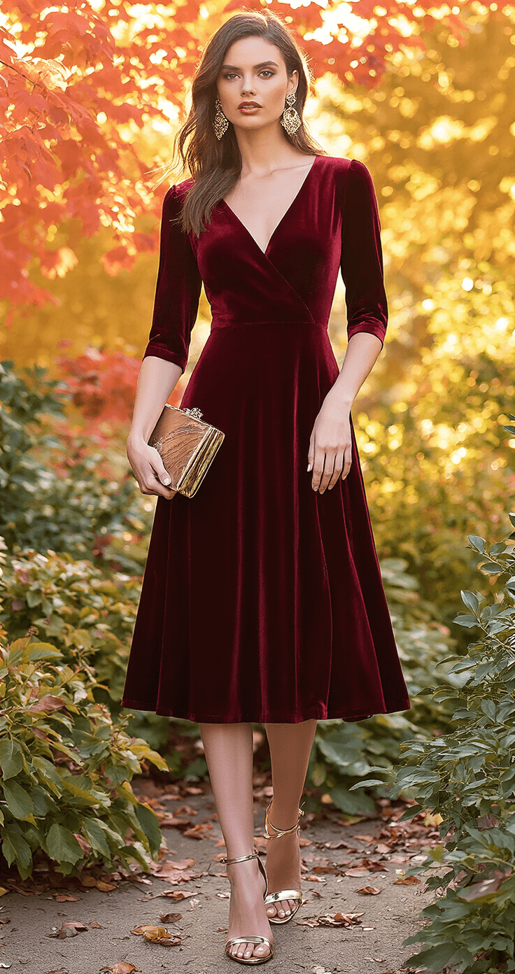 Wedding Guest Dresses: What to Wear & What to Avoid Model in a burgundy velvet midi dress with three-quarter sleeves stands in an autumn garden at sunset, surrounded by rich fall foliage. She wears gold statement earrings, strappy metallic heels, and holds a vintage-inspired clutch, with dramatic backlighting creating a romantic atmosphere and a beautiful bokeh effect.