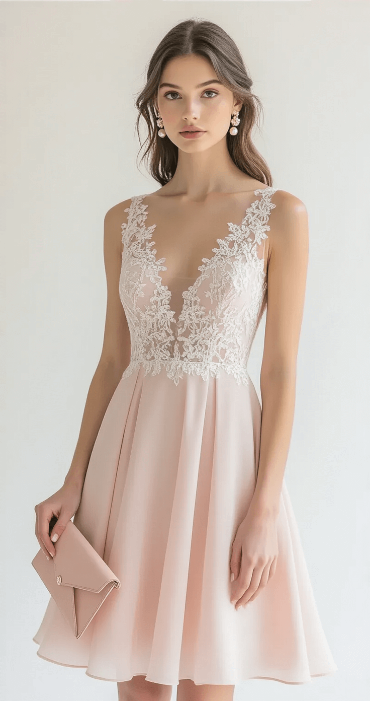 Wedding Guest Dresses: What to Wear & What to Avoid A pastel pink A-line dress with a lace overlay, paired with nude pointed heels, pearl cluster earrings, and a blush leather envelope clutch, set against a clean white backdrop in a bright studio.