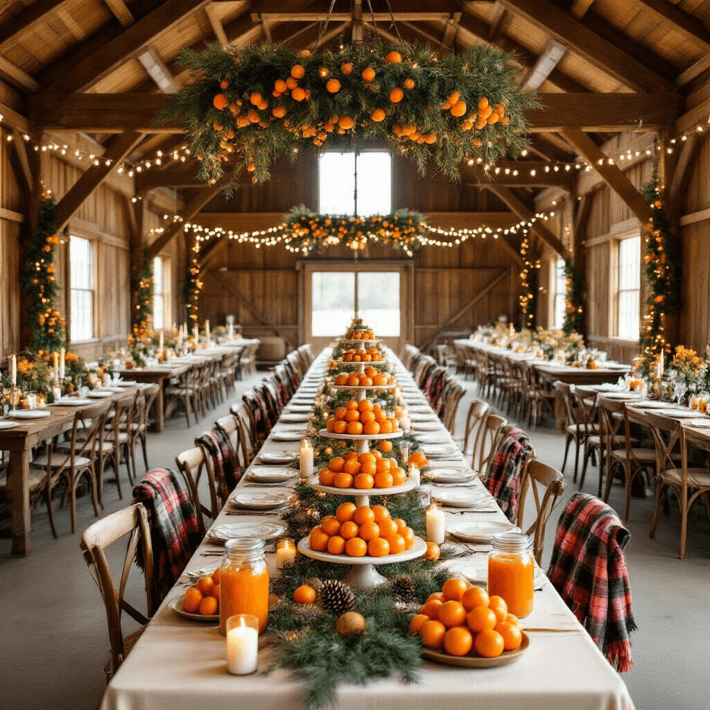 Crafting the Perfect Orange Garland: A Festive DIY Guide A sunlit rustic barn interior decorated for a holiday celebration, featuring vaulted wooden beams with orange garlands and fairy lights, farmhouse tables with cream linens and orange centerpieces, vintage chairs with plaid blankets, and a dessert table with cinnamon-dusted treats and mason jars of orange marmalade.