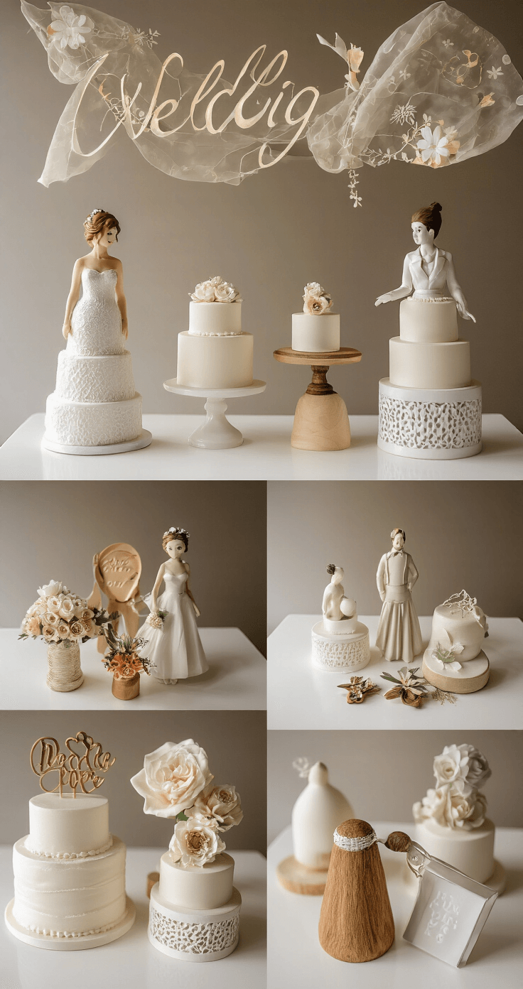 A professional studio display of wedding cake toppers made from acrylic, wood, and porcelain, illuminated by soft lighting, with delicate shadows and a blurred background emphasizing their intricate details.