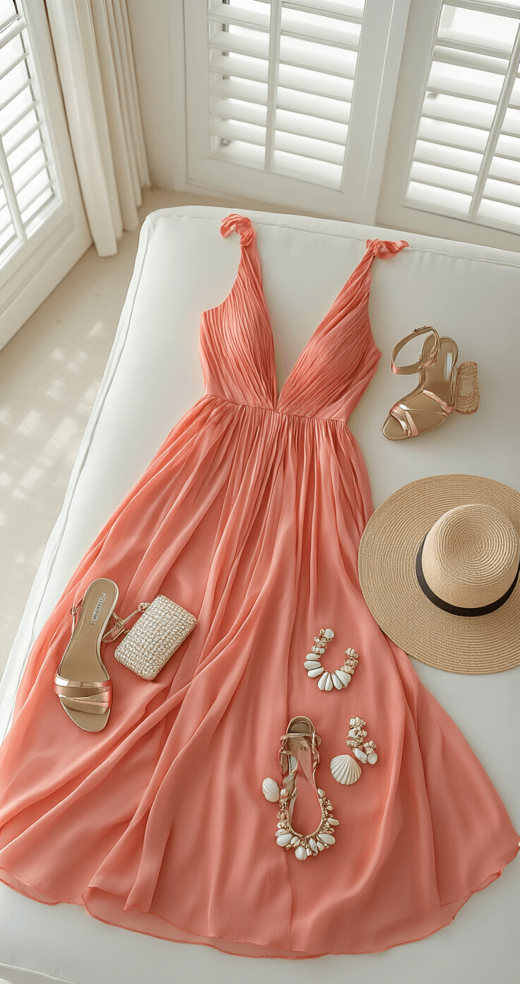 A luxurious beach villa dressing room bathed in morning light, featuring a coral silk maxi dress, rose gold wedge sandals, a mother-of-pearl clutch, and shell-inspired jewelry elegantly arranged on a white linen chaise, with a wide-brimmed straw hat nearby, captured from above at a 45-degree angle.