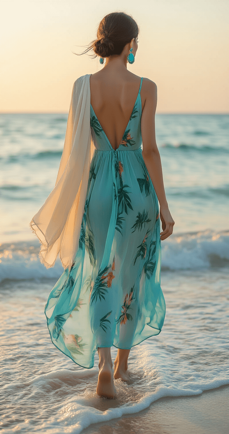 A model in a flowing turquoise chiffon dress walks along the beach at sunset, barefoot in the surf, holding low block-heel sandals. A cream pashmina drapes her shoulders, catching the breeze, while her hair is styled in an elegant low bun. Statement turquoise drop earrings are visible as golden hour light surrounds her. Shot from behind to capture natural movement.