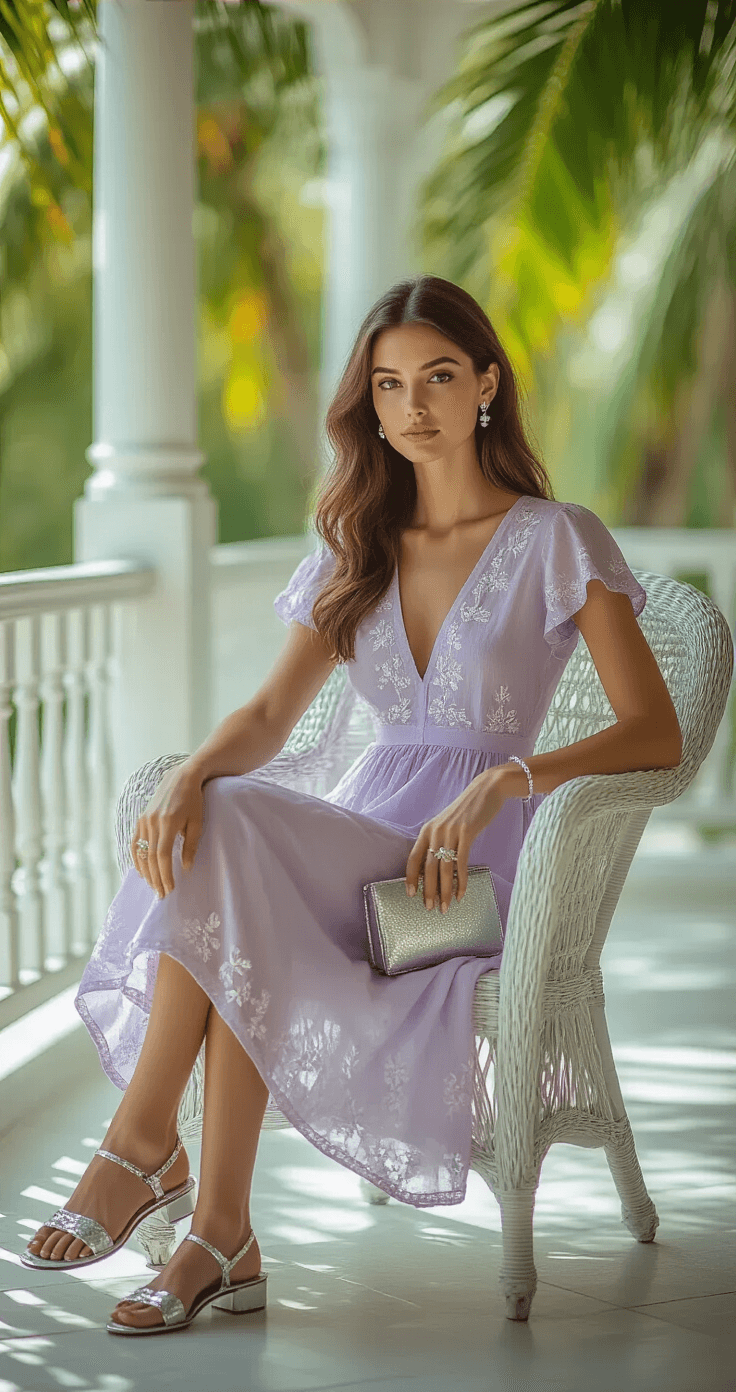 A woman sits on a white wicker chair on a colonial-style veranda, wearing a pale lilac midi dress with floral embroidery, silver flat sandals, and accessorized with a silver clutch, bangle, and pearl studs, illuminated by soft dappled light filtering through palm fronds.