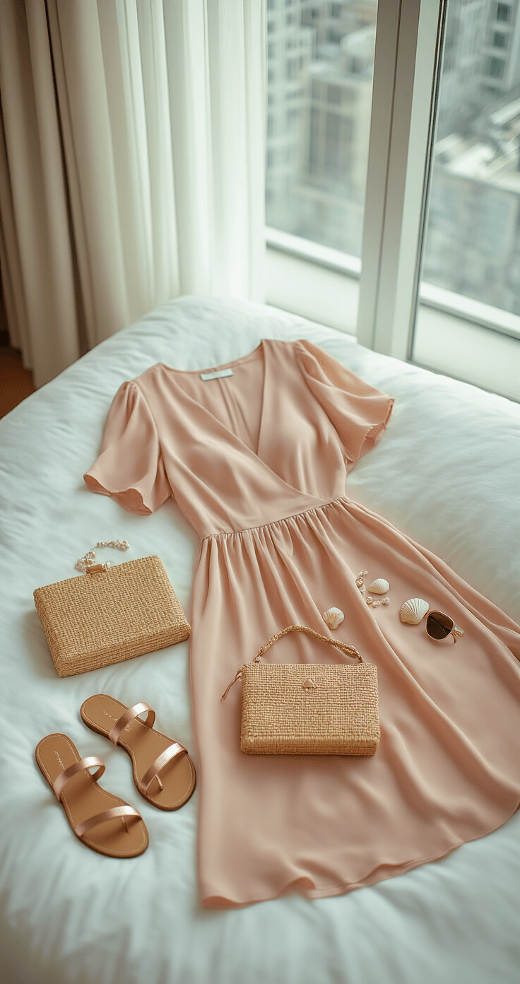 Bright hotel suite interior with large windows featuring a styled flatlay on a white bed, including a blush pink midi dress, rose gold sandals, a woven straw clutch, shell-inspired jewelry, a silk scarf, and designer sunglasses, all captured in natural light from above.