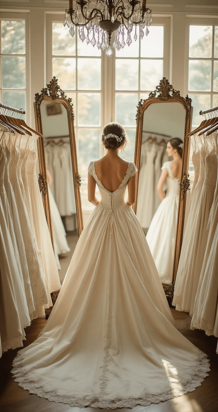 A bride in a restored 1950s ivory silk ballgown stands before a triple-mirror in a vintage bridal boutique, surrounded by racks of preserved wedding dresses. Sunlight streams through large windows, illuminating the intricate beadwork and delicate lace details, with an antique brass chandelier overhead.