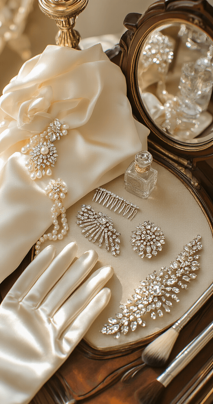 Close-up shot of vintage bridal accessories including pearl drop earrings, crystal-encrusted hair combs, and a 1920s art deco headpiece displayed on an antique vanity in a Victorian mansion's master suite, with warm golden hour light illuminating ivory silk gloves, vintage perfume bottles, and silver-backed brushes nearby.