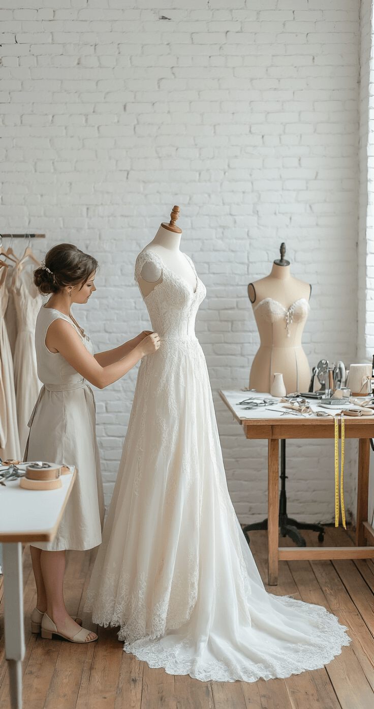 A seamstress adjusts a 1940s wedding dress on a dress form in a bright fitting room with white brick walls and wooden floors, surrounded by vintage tools and natural light highlighting the dress's lacework and pearl buttons.