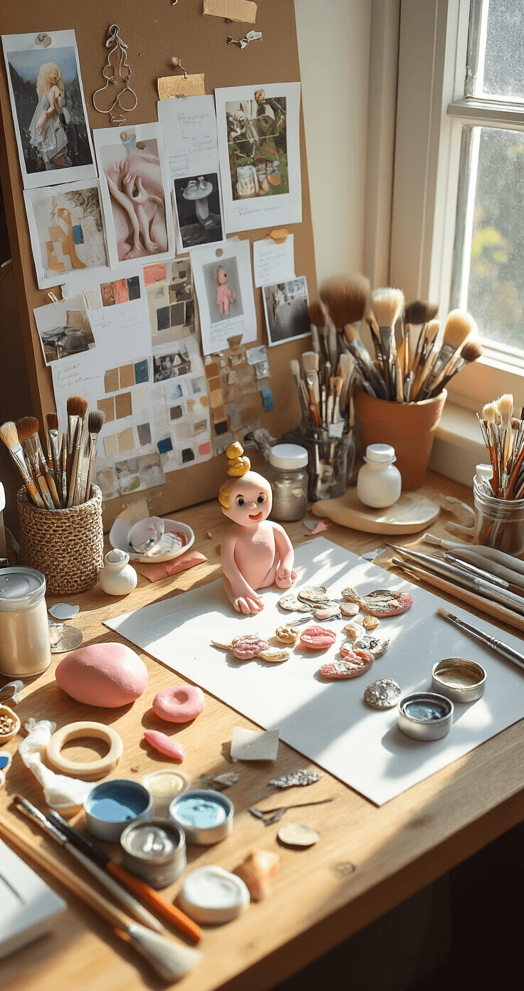 Overhead view of a well-organized crafting workspace featuring scattered cake topper materials, brightened by natural sunlight. Tools include polymer clay supplies, fine paintbrushes, and metallic paints, alongside a partially completed custom figurine and an inspiration mood board with photos and color swatches.