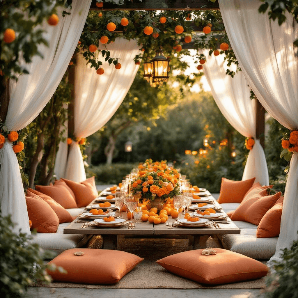 Crafting the Perfect Orange Garland: A Festive DIY Guide A beautifully arranged intimate garden party at golden hour, featuring a romantically lit pergola draped in sheer white fabric and adorned with orange slice garlands and climbing roses. Low tables with plush cushions in warm terracotta and sage, set with hand-painted orange blossom china, copper cutlery, and personalized place cards placed on citrus fruits, illuminated by soft candlelight from hurricane lanterns.
