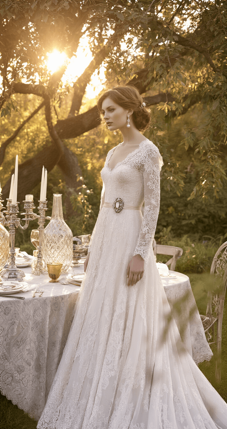 A bride in a restored Edwardian lace gown with modern touches stands in a sunset garden, surrounded by a long table decorated with a mix of vintage and contemporary decor, including antique silver candelabras and geometric vases, while golden light filters through the trees.