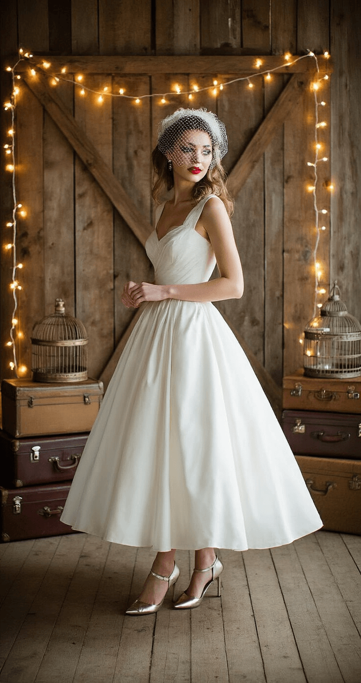 A bride in a restored 1950s New Look wedding dress with a full skirt, wearing modern metallic heels and a vintage birdcage veil, stands joyfully in a rustic barn decorated with fairy lights and vintage suitcases, capturing a lively moment in the warm late afternoon light.
