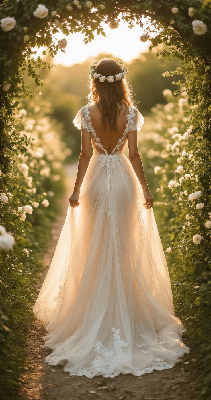 A model in a romantic A-line gown made of ethereal tulle and French lace walks barefoot through a flower-laden archway during golden hour, her delicate cap sleeves and plunging illusion back highlighted by the soft evening light. A flower crown of white roses and baby's breath adorns her loose, bohemian waves as she moves gracefully, captured from a low angle to emphasize the dress's flowing layers.