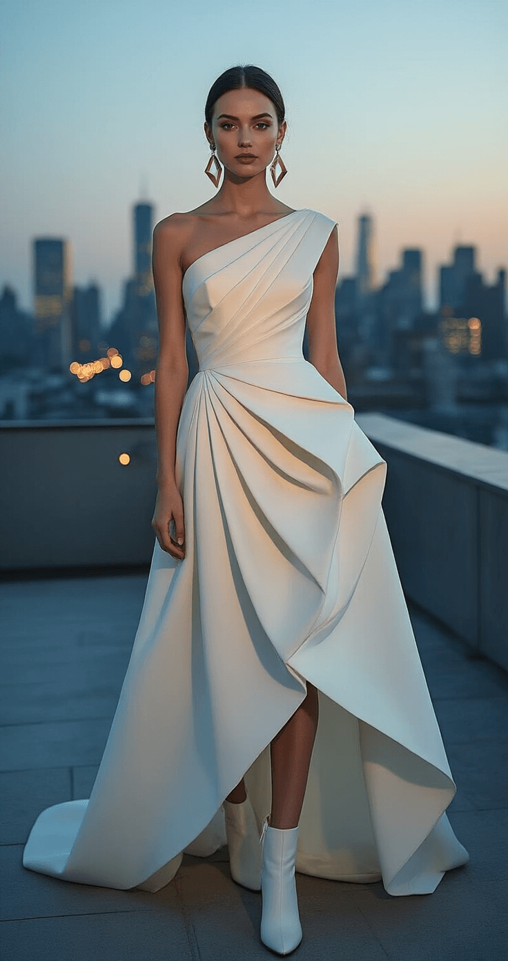 Bride in a contemporary A-line gown with architectural pleating and an asymmetrical neckline stands on a modern downtown rooftop at blue hour, showcasing dramatic shadows from the structured cream fabric. She wears statement geometric earrings and has sleek pulled-back hair, complemented by white leather ankle boots beneath the gown's hem, with twinkling city lights in the background. Urban editorial style shot highlights strong compositional lines.