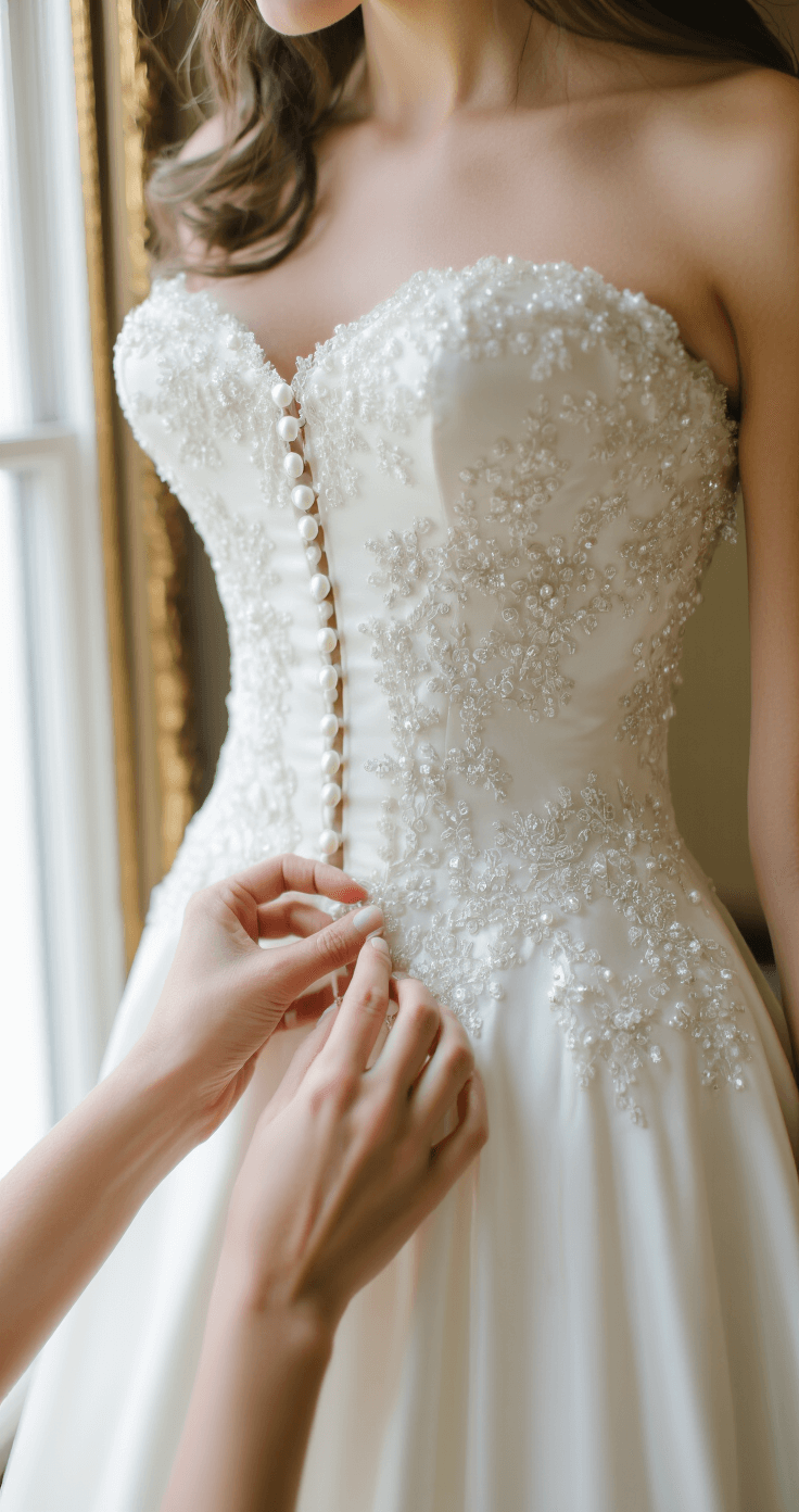 Close-up of hands adjusting the corseted bodice of a traditional A-line bridal gown, featuring pearl buttons and delicate lace appliqués, with soft window light illuminating the details and a vintage mirror reflecting the silhouette in the background.