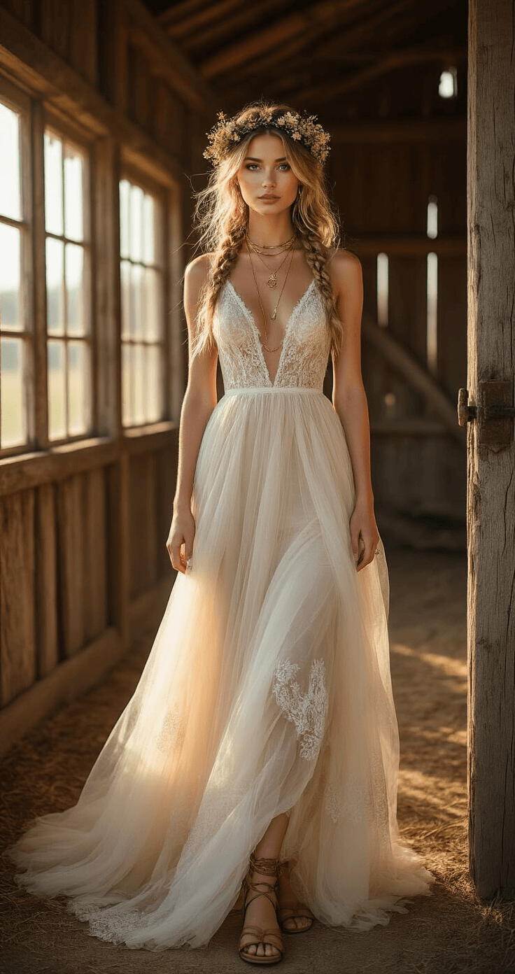 A bride in a bohemian A-line gown stands in a rustic barn, sunlight streaming through windows, wearing a wildflower crown and layered gold necklaces, with a loose braid and leather sandals.
