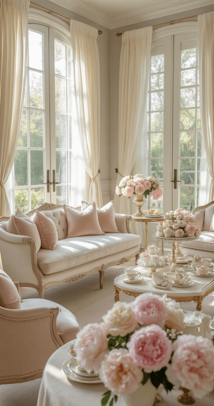 A sunlit living room with high ceilings featuring a cream velvet settee, blush upholstered chairs, and a champagne silk dessert table decorated with a tiered cake and vintage teacups, all illuminated by natural light filtering through sheer white curtains.