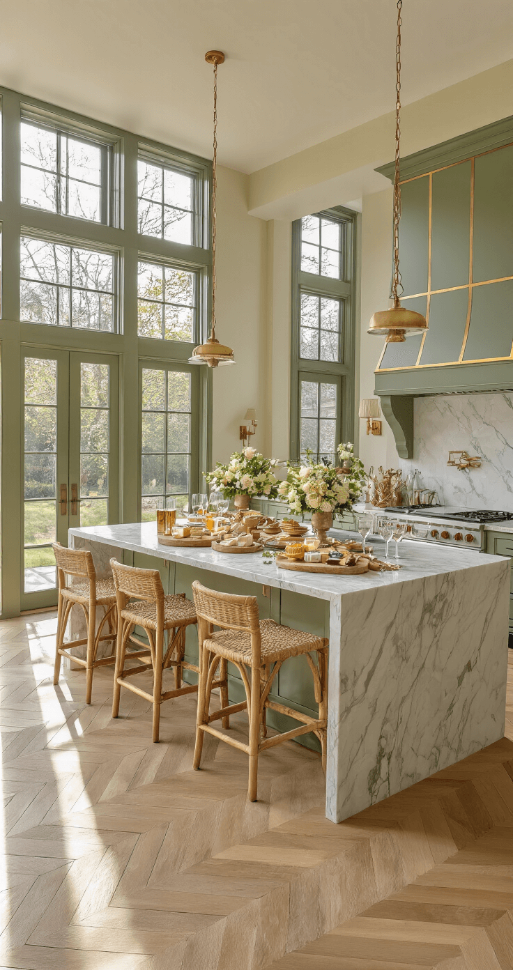 An open-concept kitchen and dining space features a marble waterfall island with a grazing table, artisanal cheese boards, and champagne towers, illuminated by golden hour light through floor-to-ceiling windows. Custom sage green millwork and brass hardware complement the herringbone hardwood floors as guests gather in the inviting setting.