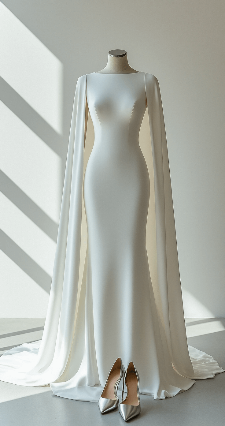 A modern A-line bridal gown in pure white crepe with dramatic cape sleeves, displayed on a ghost mannequin under strong side lighting that accentuates its sculptural lines, accompanied by architectural silver jewelry and pointed metallic mules against a white backdrop in a clean, minimal showroom.
