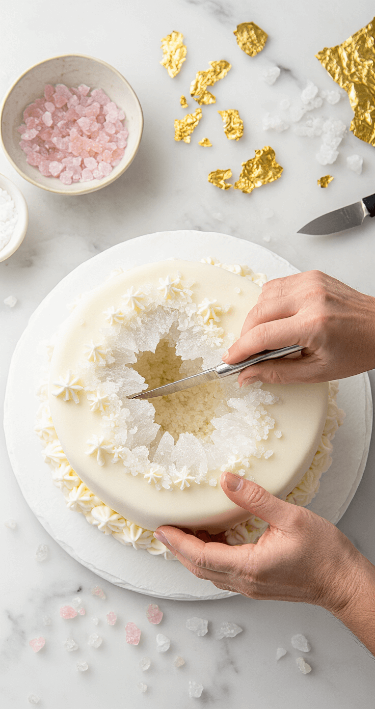 Close-up of a baker carving a pristine white wedding cake to create a geode cavity, with professional tools and scattered rock candy crystals nearby, under dramatic overhead lighting.