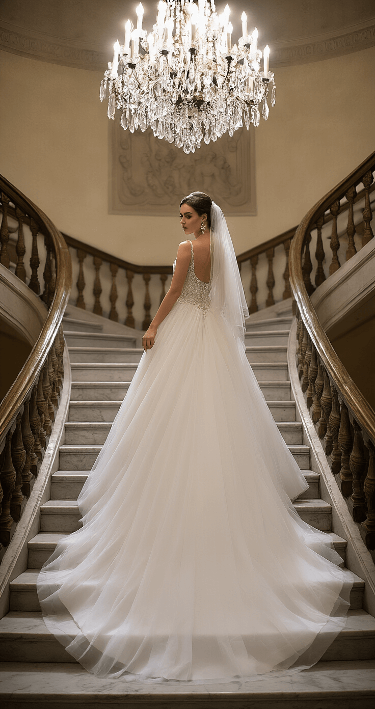 A bride in a classic A-line ballgown with an embellished bodice descends a historic mansion staircase at dusk, her cathedral-length veil trailing behind her. Romantic lighting from a crystal chandelier enhances the scene, highlighting her pearl-encrusted pumps as she steps gracefully on the marble steps.
