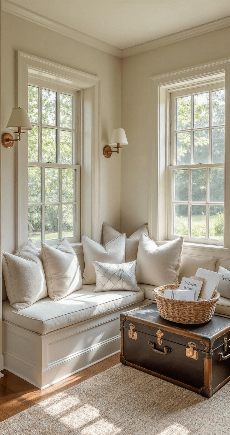 A cozy reading nook transformed into a gift display area, featuring a built-in window seat with cream cushions, brass library sconces, and artfully arranged silver and white wrapped presents on a vintage trunk. A handwoven basket holds cards, with soft mid-afternoon light casting dramatic shadows through divided light windows, creating an intimate atmosphere.