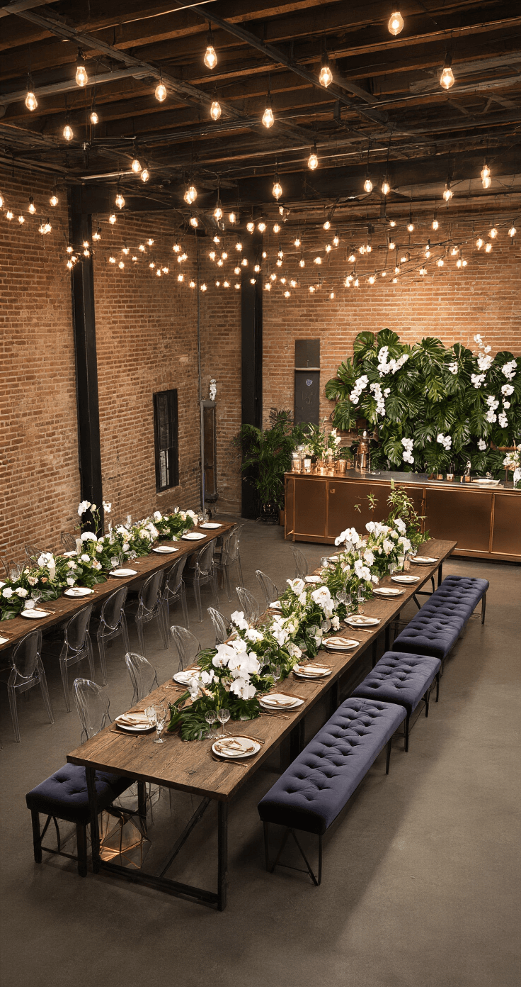 An elevated wide-angle shot of a modern industrial-chic loft space featuring exposed brick and steel beams, adorned with market lights, long farm tables with ghost chairs and velvet benches, contemporary floral arrangements of monstera leaves and white orchids, and a cocktail station with copper accents, all illuminated by dramatic lighting.