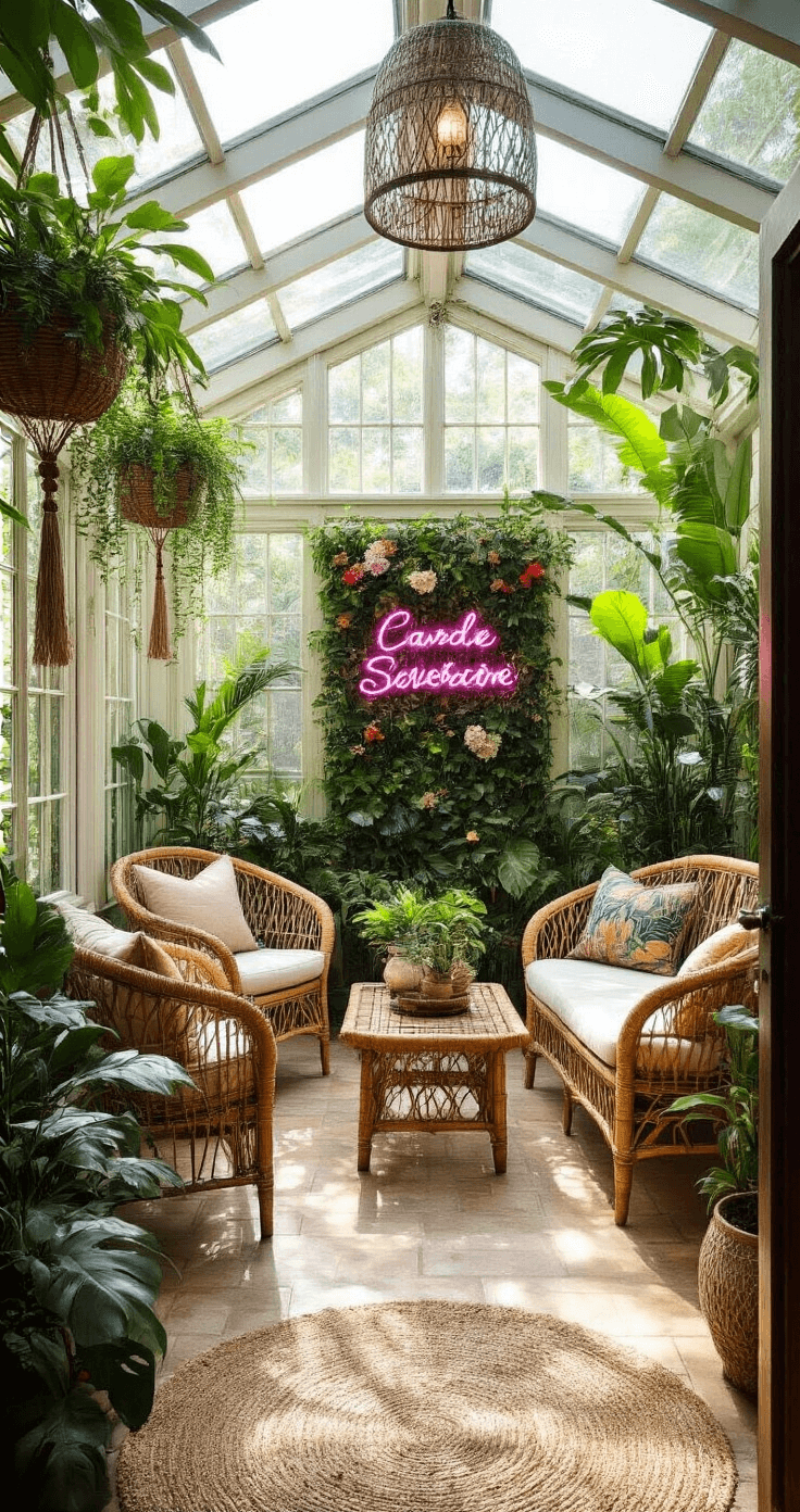 A garden conservatory featuring a glass ceiling and tropical plants, with rattan peacock chairs and bamboo furniture arranged for conversation. Mid-morning light creates a spotlight effect, highlighted by hanging macramé planters and brass lanterns. A feature wall showcases a custom neon sign and a flower wall, captured straight-on to emphasize symmetry and depth.