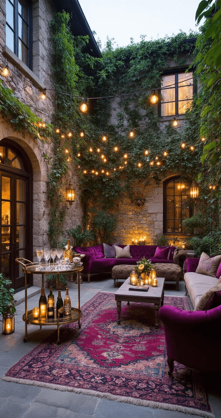 An intimate courtyard illuminated in twilight with cafe lights and candle lanterns, featuring a vintage bar cart set up as a champagne bar, surrounded by jewel-toned velvet and leather seating, Moroccan rugs, and copper accents, all framed by stone walls and climbing jasmine.