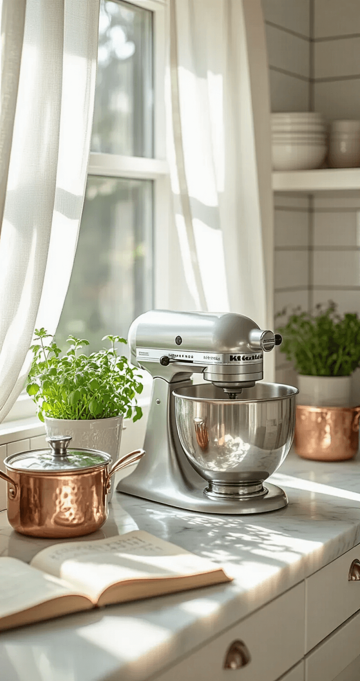 Bridal Shower Gift Ideas: The Ultimate Guide to Delighting the Bride-to-Be A bright kitchen corner with a silver KitchenAid mixer on white marble countertops, surrounded by copper cookware, fresh herbs in ceramic pots, and a handwritten recipe book, all bathed in morning light filtering through sheer linen curtains. Bridal Shower Gift Ideas