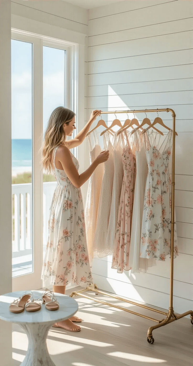 Summer Wedding Guest Dresses: Your Ultimate Style Guide Bright beach house interior with white shiplap walls and natural light. A model arranges pastel summer wedding guest dresses on a brass rack, with nude sandals and delicate jewelry on a marble side table. Wide-angle shot capturing the stylish setup.