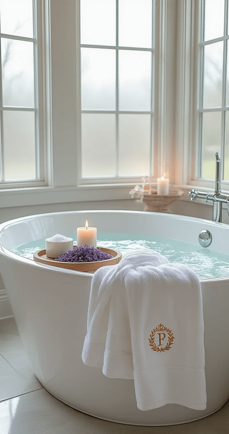 Bridal Shower Gift Ideas: The Ultimate Guide to Delighting the Bride-to-Be A luxury spa gift arrangement in an intimate master bathroom, featuring a freestanding white porcelain tub with a wooden bath caddy filled with French lavender bath salts, hand-poured candles, and a plush white robe with a golden monogram. Late afternoon light filters through frosted windows, while steam adds atmosphere. The color palette includes soft greys, whites, and lavender tones, creating a serene spa-like ambiance.