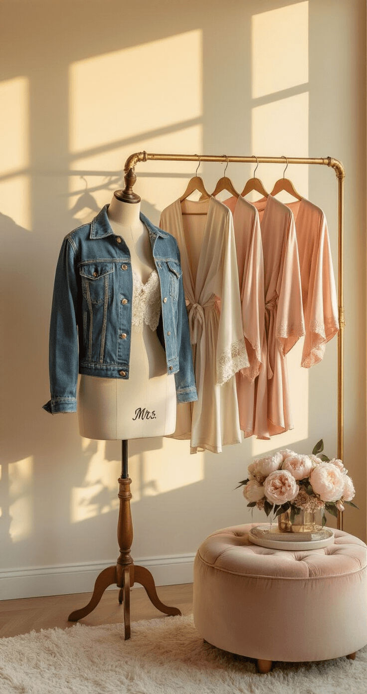 Bridal Shower Gift Ideas: The Ultimate Guide to Delighting the Bride-to-Be A cozy bedroom corner with golden hour lighting showcasing a vintage dress form in a custom 'Mrs.' denim jacket, a brass clothing rack with blush silk robes, a velvet ottoman, crystal accents, and fresh peonies, all in warm cream, blush pink, and denim blue tones.