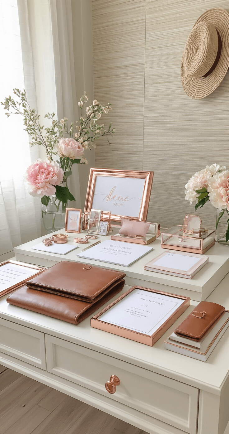 Bridal Shower Gift Ideas: The Ultimate Guide to Delighting the Bride-to-Be Bright home office featuring a curated gift display with a floating desk arranged with personalized stationery, leather accessories, and custom photo frames in rose gold, illuminated by mid-morning light. The room has grasscloth wallpaper, fresh flowers, and a palette of soft neutrals accented with rose gold and blush.