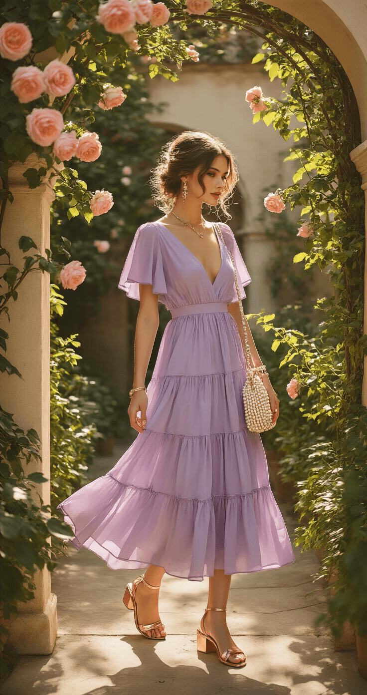 Summer Wedding Guest Dresses: Your Ultimate Style Guide Model in a lavender tiered ruffle midi dress with flutter sleeves stands in a vintage-inspired courtyard adorned with climbing roses, bathed in late afternoon sunlight. She wears rose gold sandals and mixed metal jewelry, holding a pearl-embellished bag. Her loose, romantic updo features tendrils framing her face. The side angle captures the movement of the dress and architectural details, enhanced by dreamy natural backlighting.