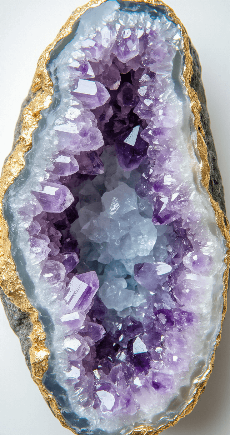 Intimate macro shot of a geode cavity filled with graduated purple and blue rock candy crystals, featuring larger crystals at the center and smaller ones along the edges, adorned with shimmering edible gold leaf.