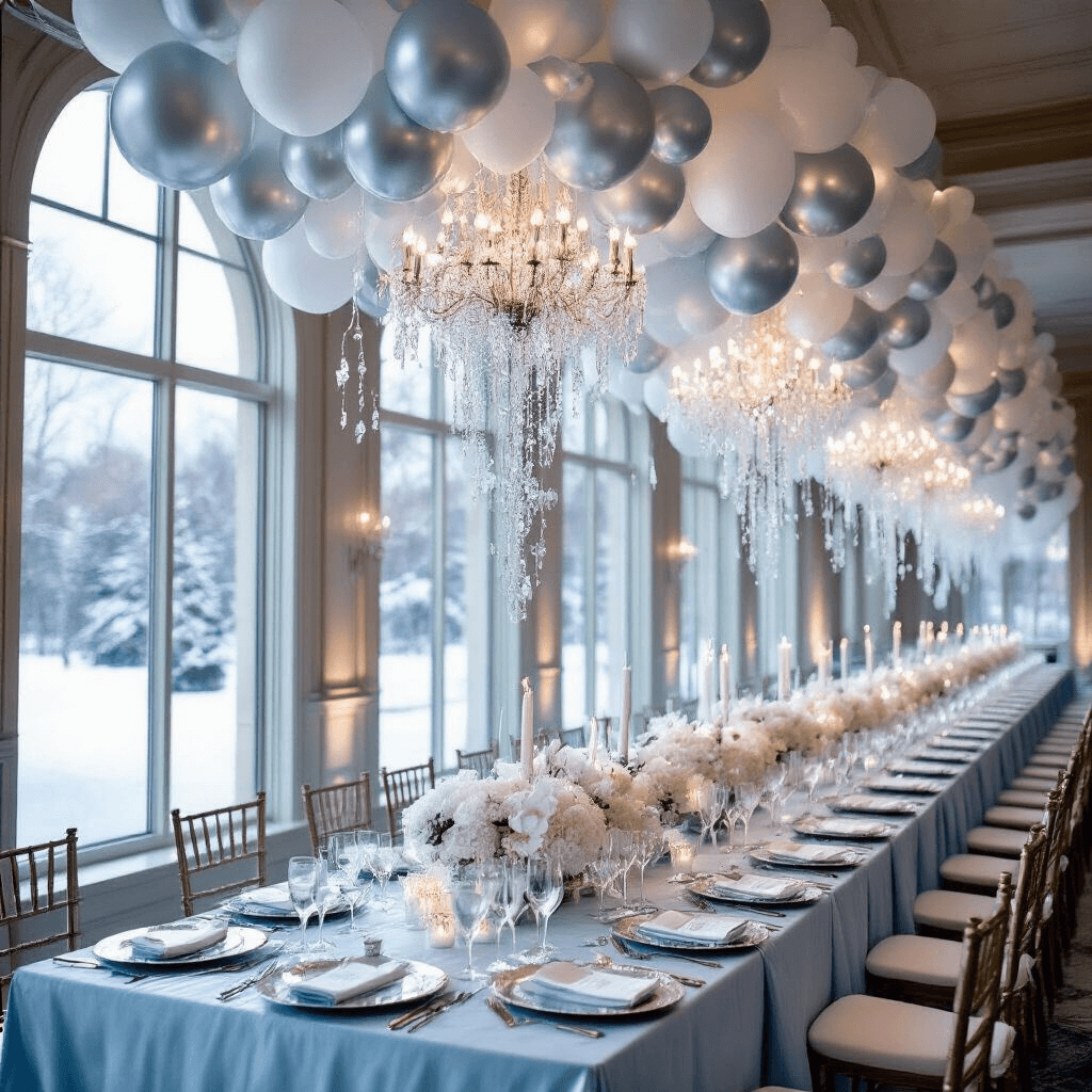 Elegant winter wedding reception in a grand ballroom with crystal chandeliers, icy blue silk tables, and a stunning balloon installation resembling a frozen waterfall against snowy windows.