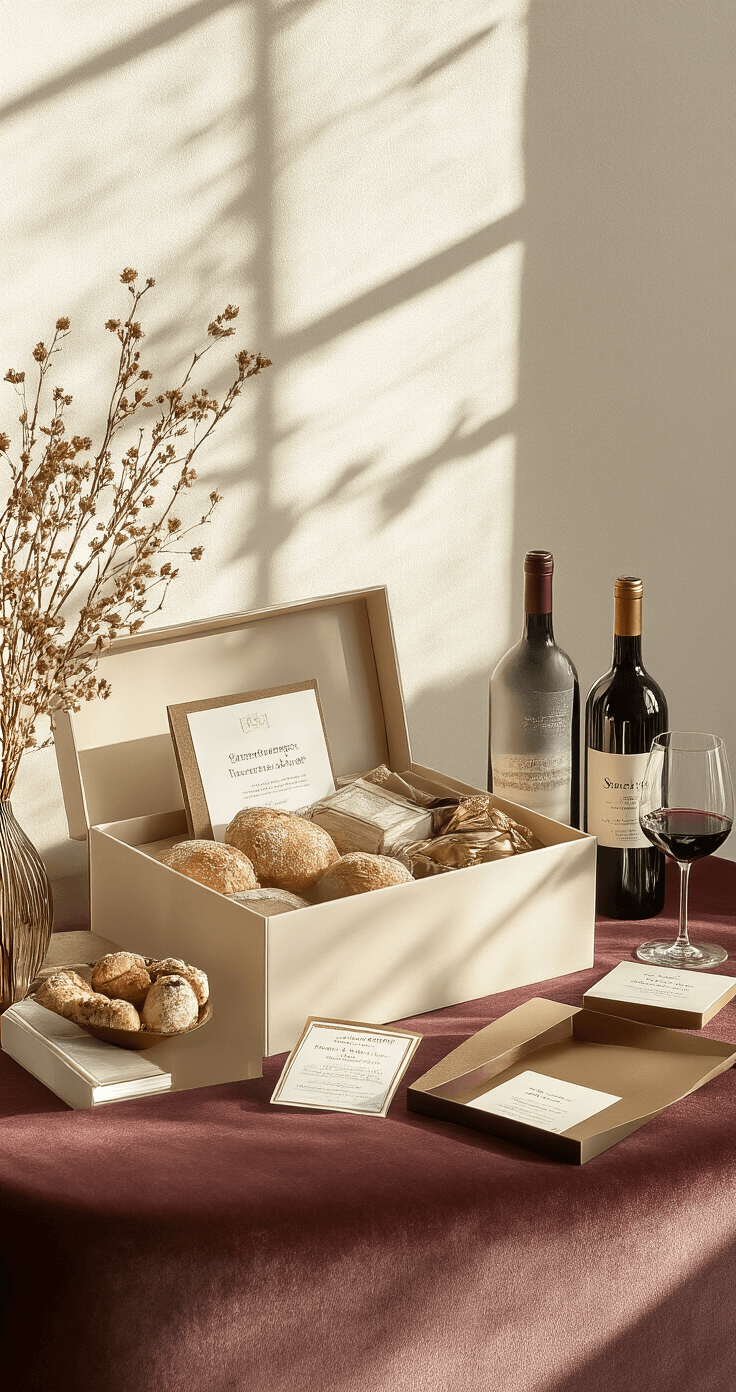 Bridal Shower Gift Ideas: The Ultimate Guide to Delighting the Bride-to-Be A contemporary living room corner with an experience gift presentation featuring cooking class vouchers, wine tasting notes, and spa certificates in a luxury gift box, illuminated by afternoon light that casts dramatic shadows. The scene includes rich textures like velvet, paper, and metallic elements in deep wines, golds, and cream tones, arranged artfully with relevant props.