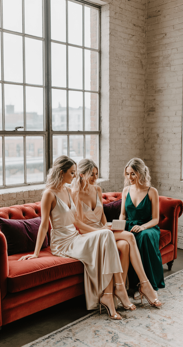 Summer Wedding Guest Dresses: Your Ultimate Style Guide Aerial view of a contemporary loft space with industrial windows and exposed brick, showcasing a model arranging a summer wedding capsule wardrobe on a velvet sofa. Slip dresses in champagne and blush tones, along with emerald and navy cocktail options, are elegantly displayed. Accessories include metallic heels, designer clutches, and minimalist jewelry, all illuminated by diffused natural light for an editorial look.