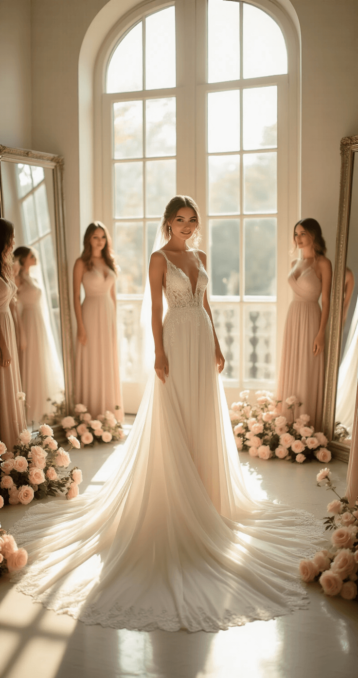 Budget-Friendly Wedding Dresses: Your Ultimate Guide to Affordable Bridal Style A bride-to-be stands on a platform in a sunlit bridal boutique, wearing an ivory Azazie gown with lace overlay. Blush pink roses and champagne bridesmaid dresses adorn the space, while mirrors reflect the gown's beadwork. The scene is captured in a crisp editorial style, focusing on the dress's intricate details and the bride's joyful expression.