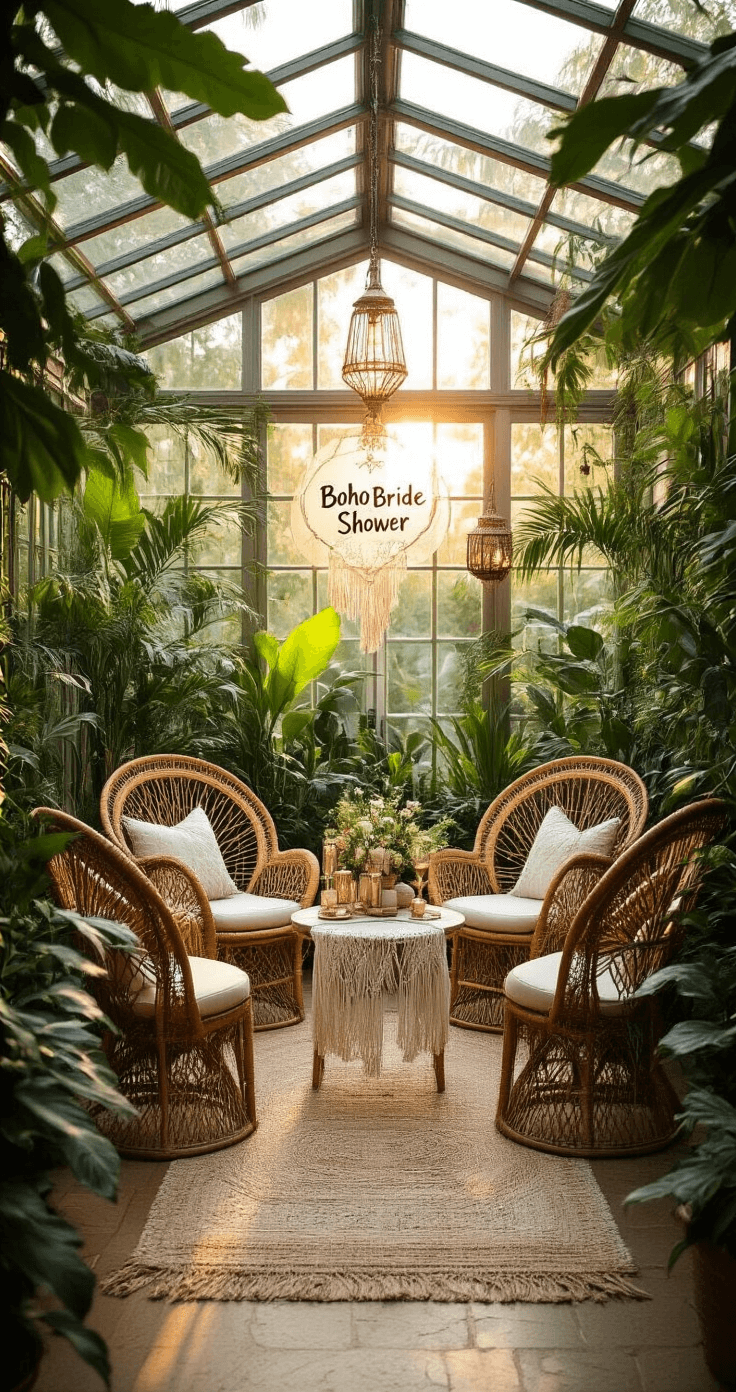 An indoor garden conservatory featuring a bohemian-style bridal shower setup with rattan peacock chairs, a gift table adorned with macramé runners and brass lanterns, and a hand-painted welcome sign, illuminated by golden hour light filtering through glass ceiling panels and tropical foliage.